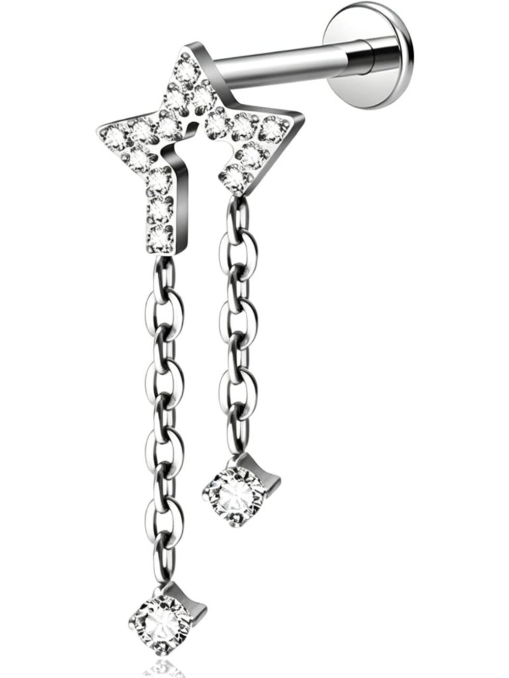 16G Titanium Flat Back Cartilage Piercing, Helix Labret Stud, Star Dangle